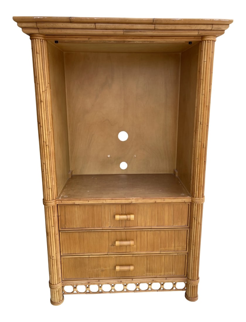 Vintage McGuire Style Boho Chic Armoire: Vintage Split Bamboo McGuire Style Armoire/TV/Bar Cabinet. Has 3 drawer in great condition, with split bamboo thick post with circles at bottom trim. Has no doors, this is how I found it. This has a