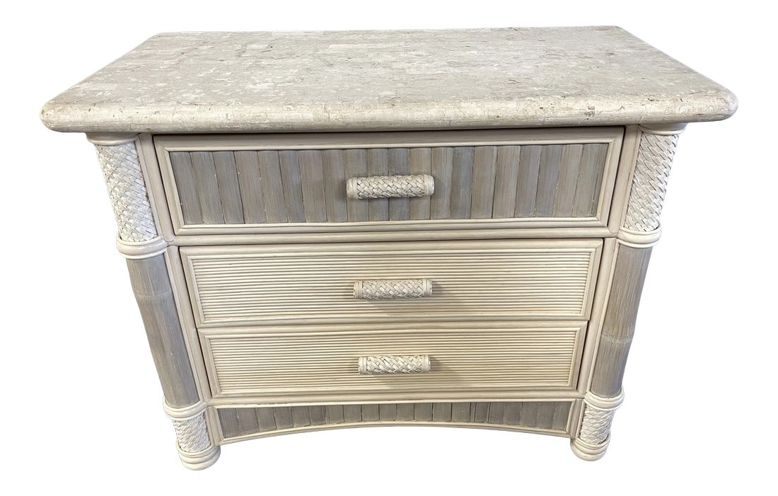 Kosuga Split Bamboo Reed and Stone Top Nightstand/Bachelor Chest: Vintage Rare Kosuga Split Bamboo/Reed Stone Top Nightstand in a cream and gray color. Thick gray split bamboo with small reed design in cream and leather woven corners and handles Also a stone top. Su