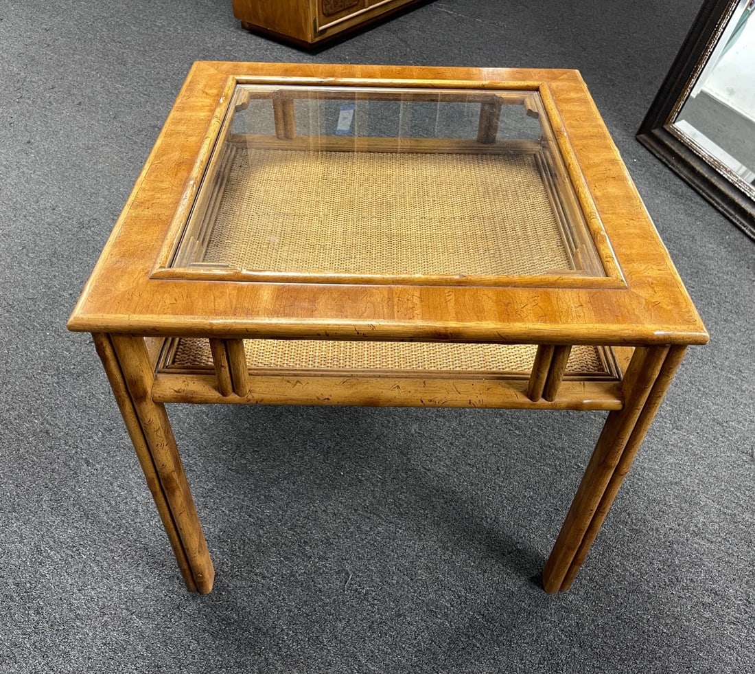 Vintage Drexel Captiva Faux Bamboo Woven Rattan Glass Top Side Table - 7