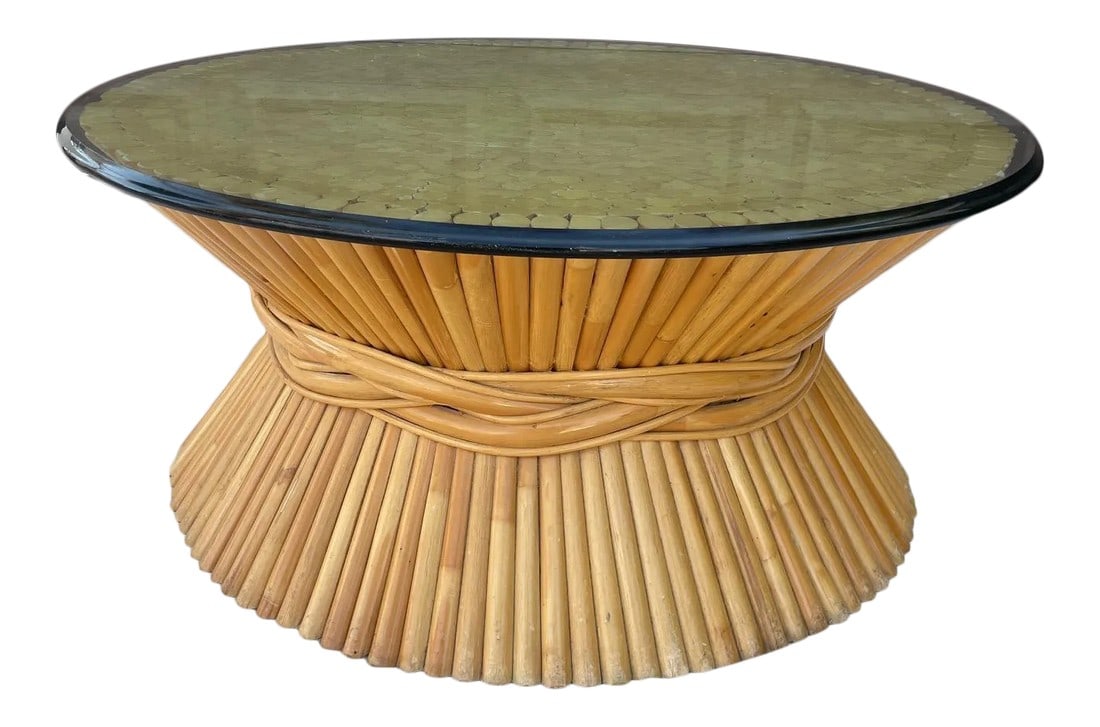 Vintage Kreiss Collection Sheaf of Wheat Rattan Coffee Table: Vintage Kreiss MCM Rattan/Bamboo Wheat Glass Top Coffee Table, Thick glass top very heavy with a bound design bamboo base. Perfect size for indoor or outdoor covered patio. Previous owner said was