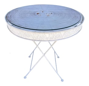 Vintage Wrought Iron Glass Top & Pencil Reed Garden Table