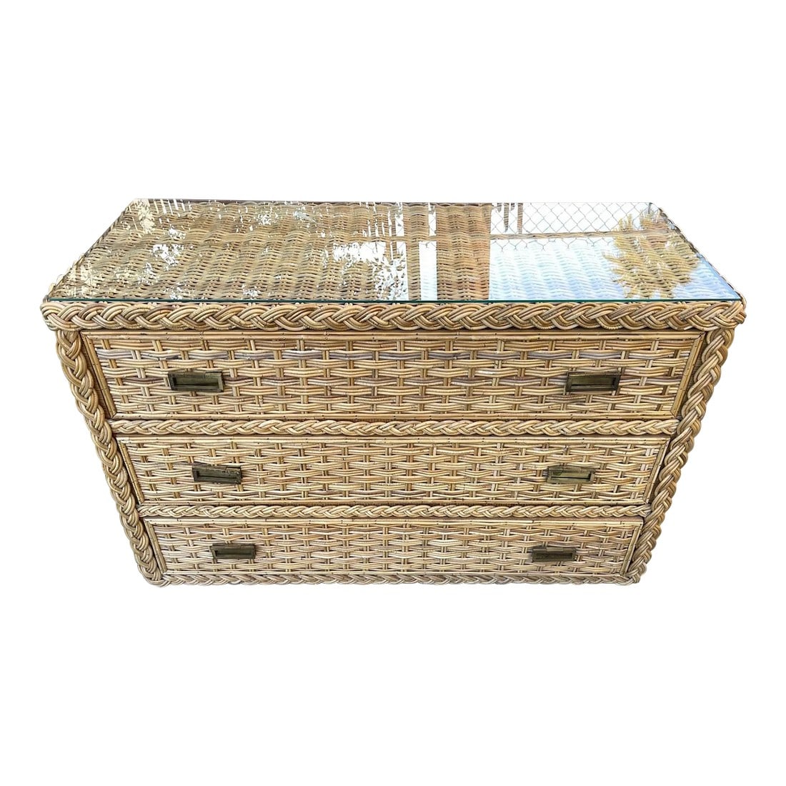 Mid-Century Michael Taylor Style Thick Woven Rattan 3 Drawer Dresser with Glass Top: Vintage Mid-CenturyThick Woven Rattan 3 drawer Dresser with a braided trim and glass top. Vintage brass hardware and large drawers. I also have the matching 2 drawer nite stand w/o glass top for