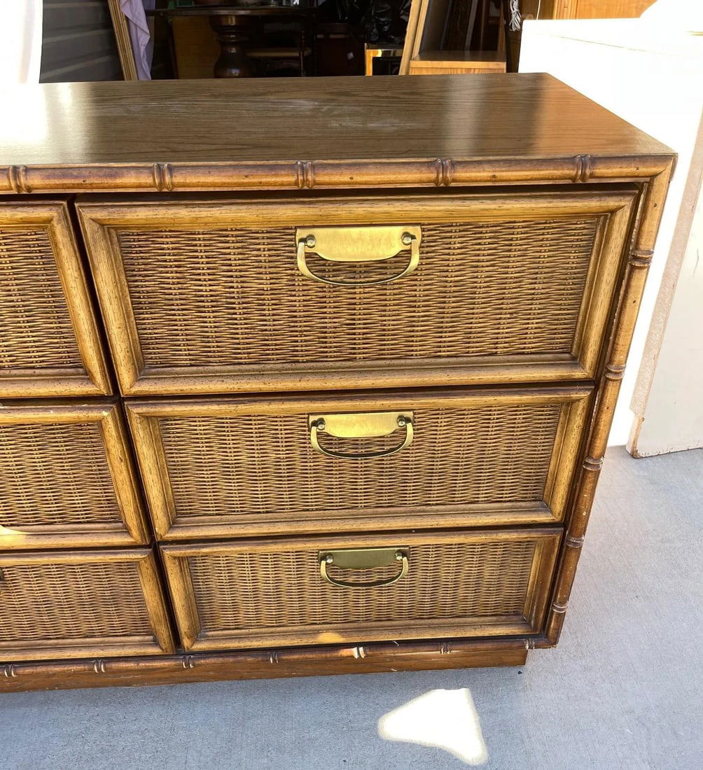 Vintage Mid-Century Thomasville 9 Drawer Faux Bamboo Dresser - 5
