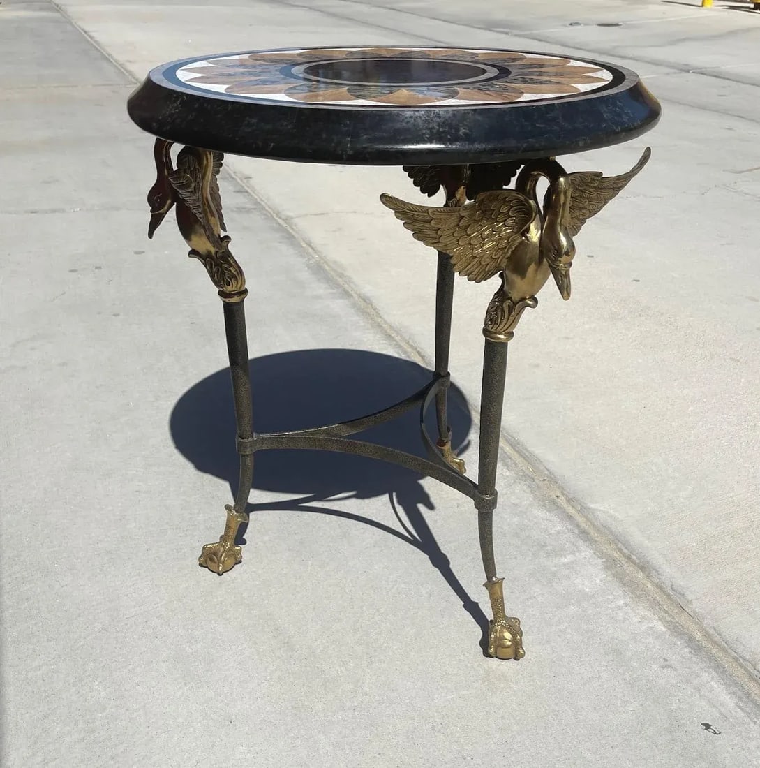1970s Vintage Maitland Smith Brass & Marble Inlay Swan & Claw Foot Side Table - 2