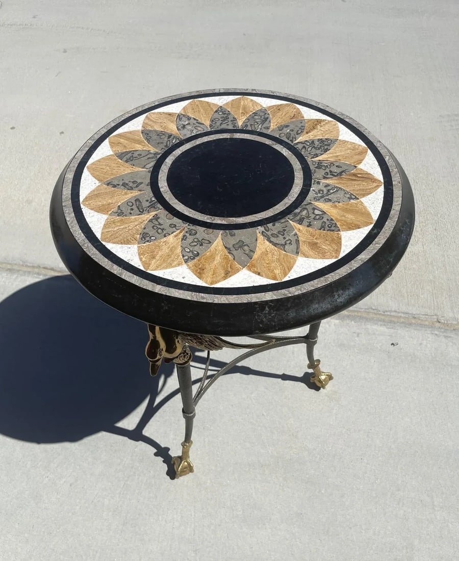 1970s Vintage Maitland Smith Brass & Marble Inlay Swan & Claw Foot Side Table - 3