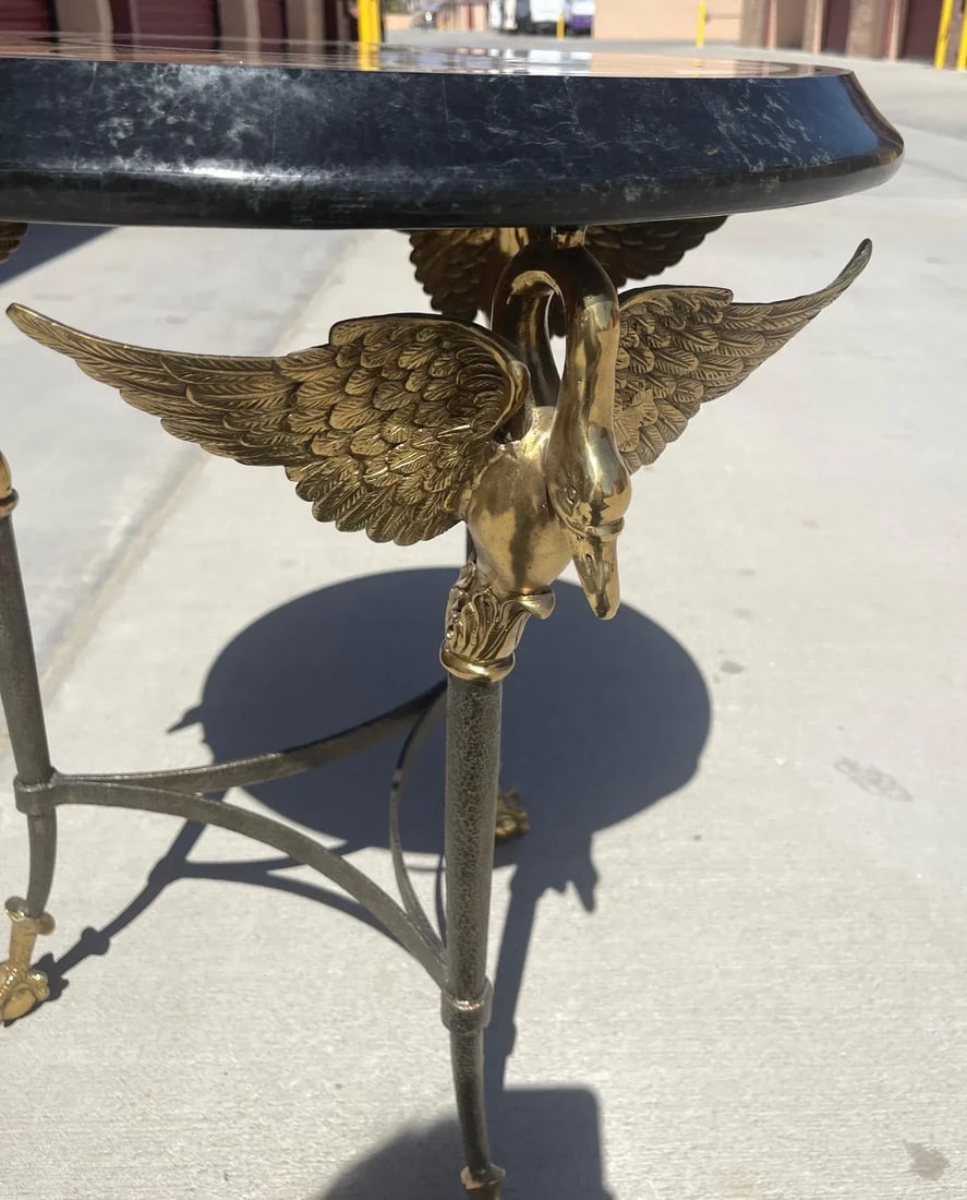 1970s Vintage Maitland Smith Brass & Marble Inlay Swan & Claw Foot Side Table - 4