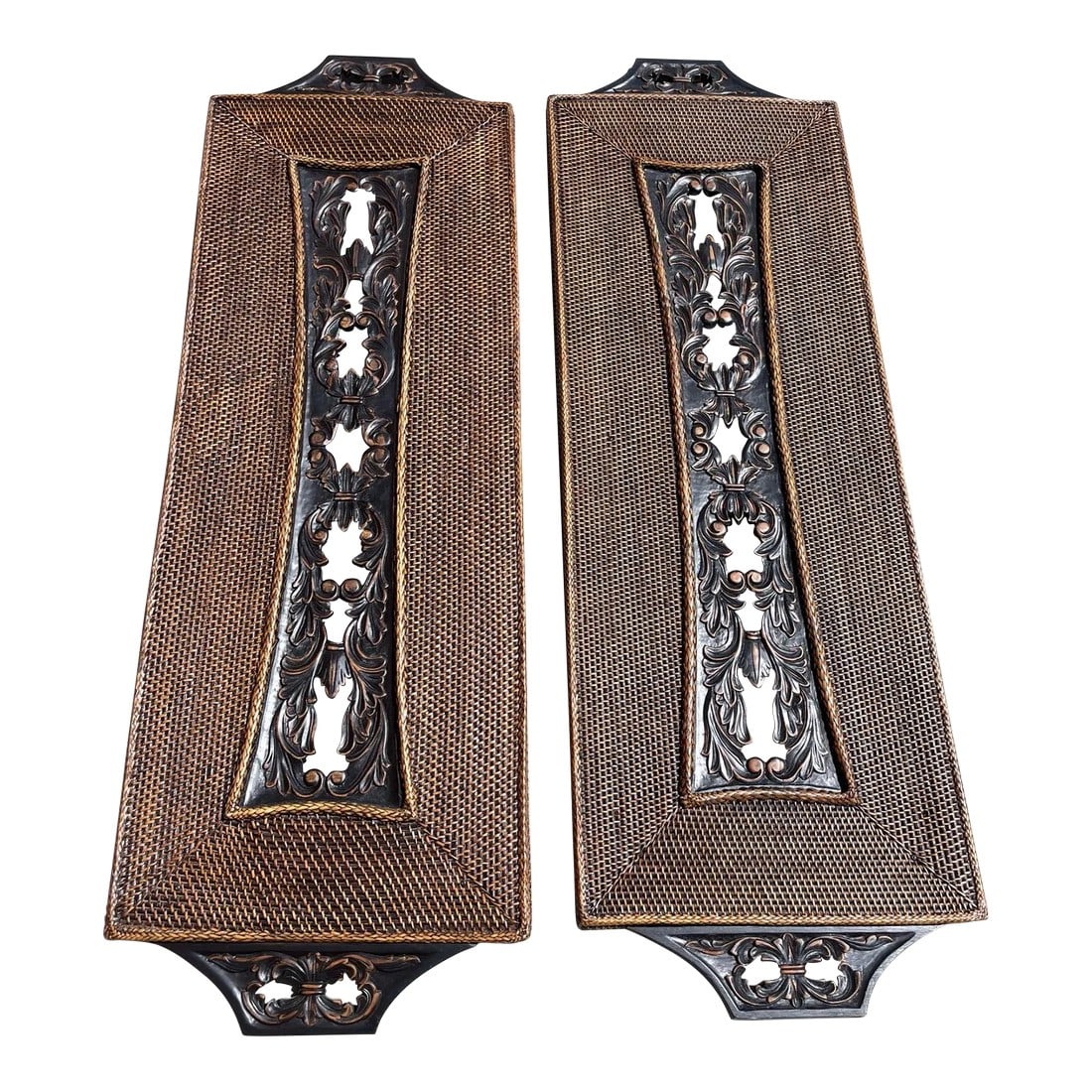 Large Woven Rattan/Carved Wood Wall Panels-A Pair: Large Woven Rattan/Carved Wood Wall Panels a Pair. If you want that tropical feel then these are perfect. Use inside or out on the patio as long as it is a covered one. A great tropical look. Hooks