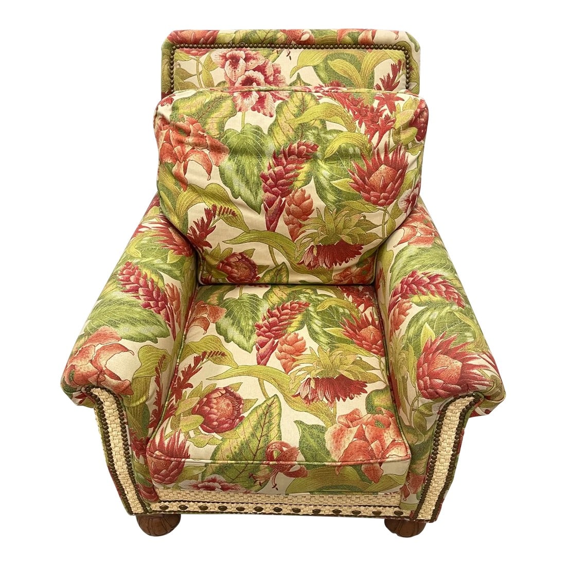 Palm Beach Tropical Print & Seagrass Accent Chair: Beautiful Stanford Furniture Tropical Print Red and Green Print Accent Chair with nailhead trim and seagrass/raffia side, back and front detail. Wood feet and down/feather filled. Such a great chair