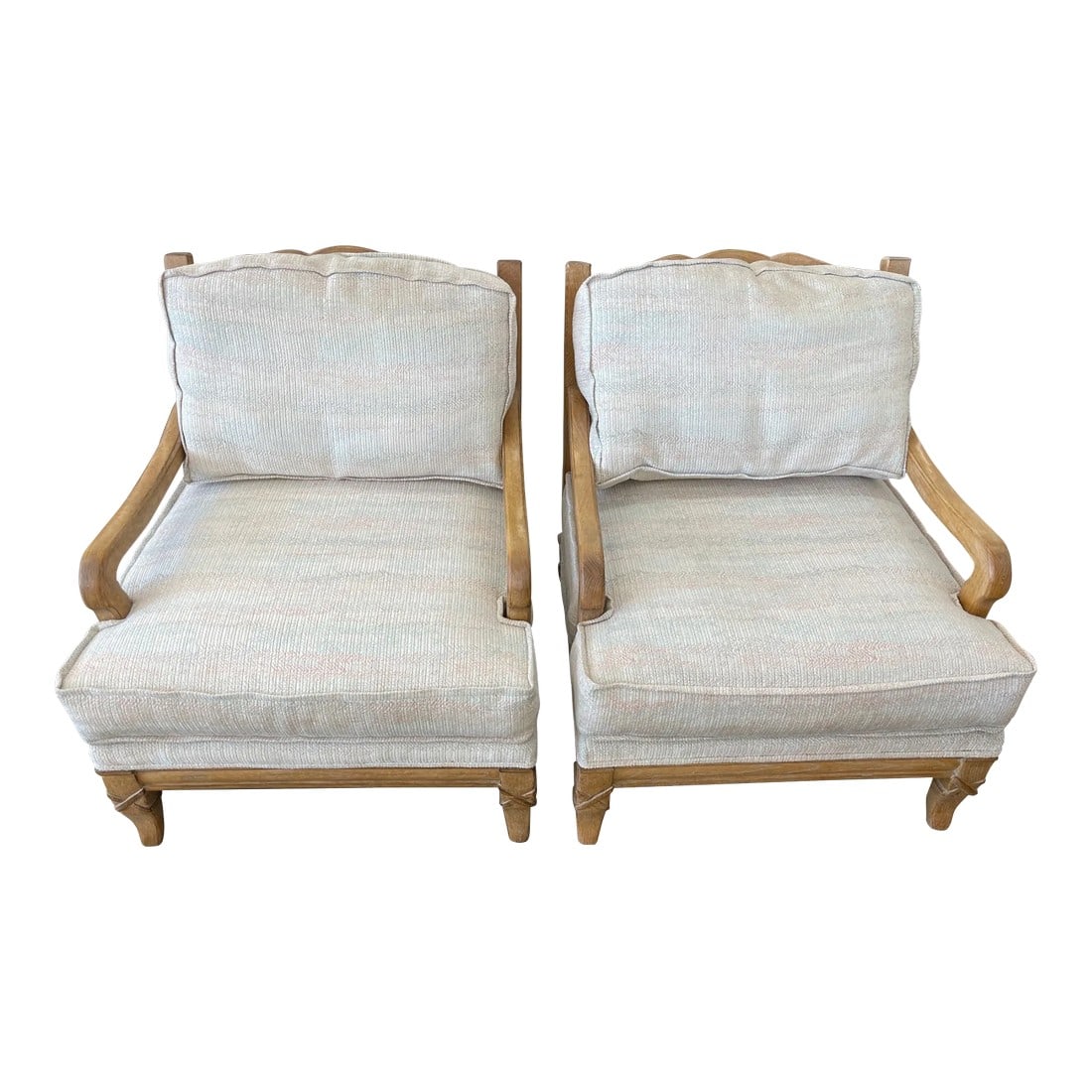 Vintage Marge Carson Accent/Lounge Chairs-A Pair: Pair of Vintage 80's Marge Carson Accent/Club Chairs. Ladder back with arms in a antique ash. Cushions are a 80's pastel of peach, greens, light blues and cream. Pattern is Hayden Pastel. These
