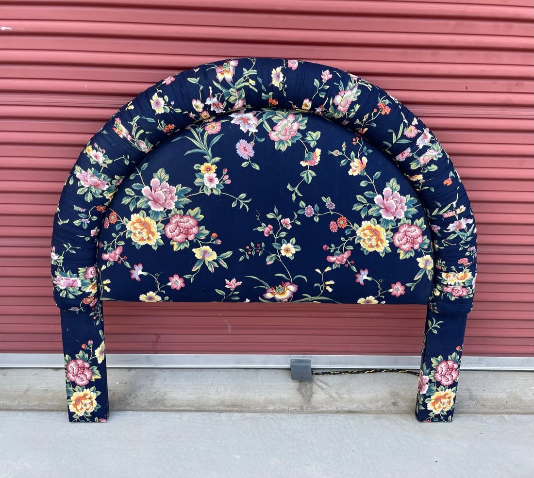 1980s Navy Blue Floral Upholstered Twin Headboard - 4