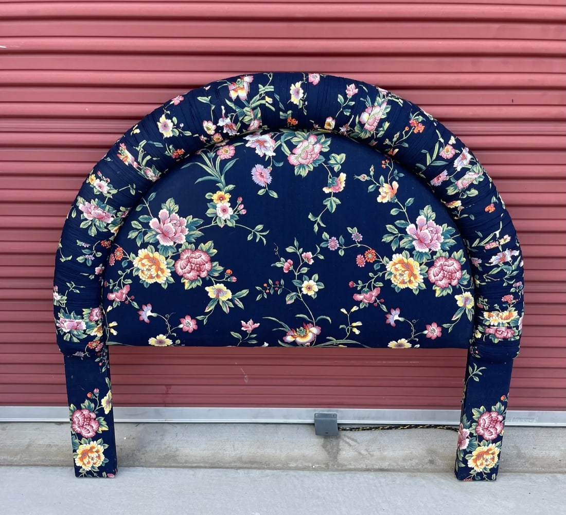 1980s Navy Blue Floral Upholstered Twin Headboard - 9