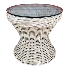 Whitewash Thick Woven Rattan Glass Top Accent Table