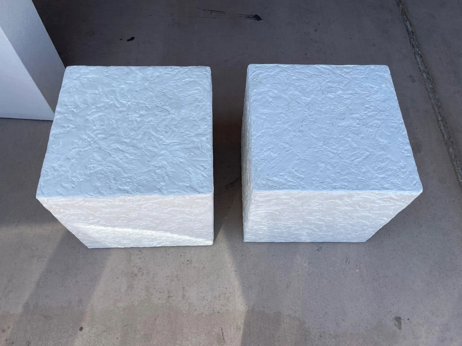 Postmodern White Textured Plaster Cube Side Tables-Pair - 2