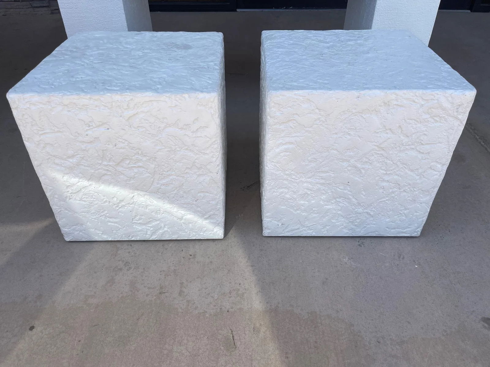 Postmodern White Textured Plaster Cube Side Tables-Pair - 3