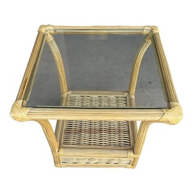 Palm Beach Style Woven Rattan Glass Top Side Table