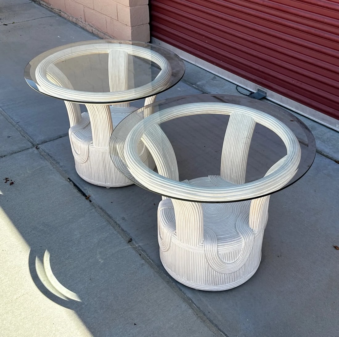 Cerused Pencil Reed Glass Top Side Tables-A Pair - 10