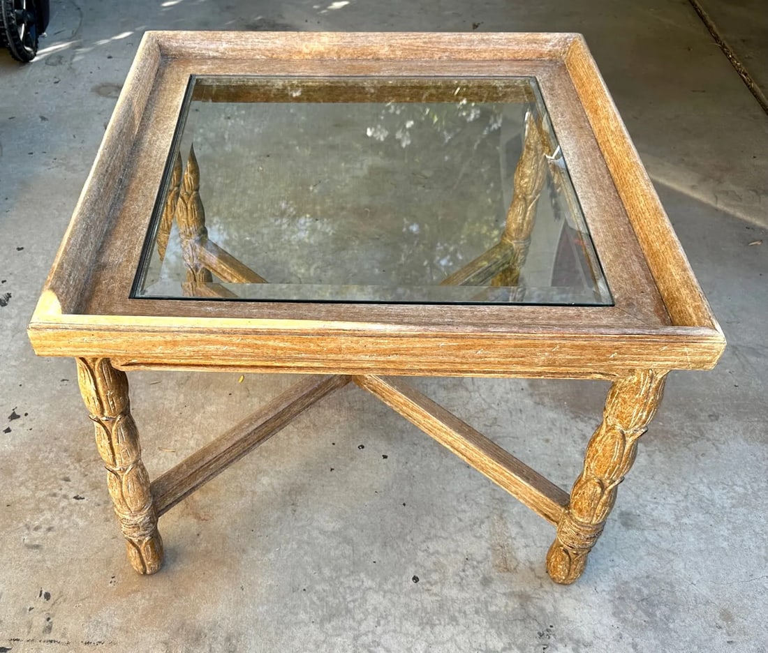 Kreiss Style Carved Wood Flower Petal Leg Side Table W/Glass Top - 11