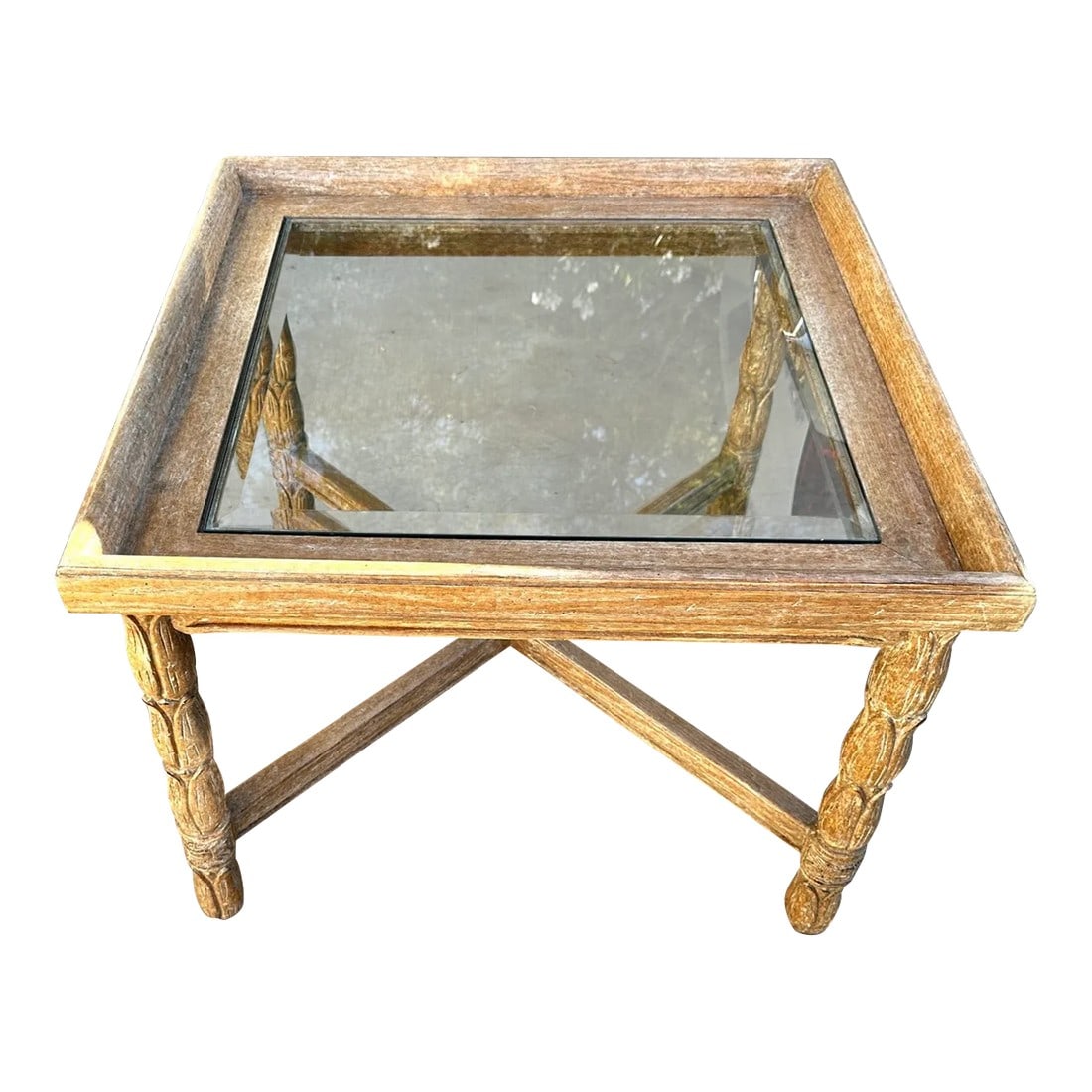 Kreiss Style Carved Wood Flower Petal Leg Side Table W/Glass Top: Kreiss Style Carved Wood Flower Petal Legs with a Glass Top Inlay. Perfect for any style. Great with a pair of cream colored plaster lamps, I have lots of them in my shop. 28.5in x 28.5in square 22in