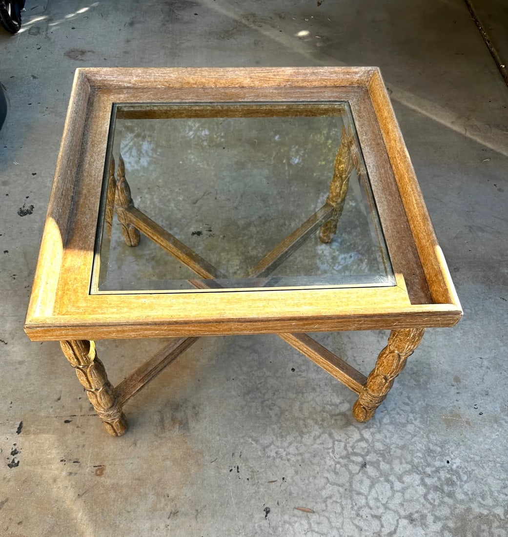 Kreiss Style Carved Wood Flower Petal Leg Side Table W/Glass Top - 2