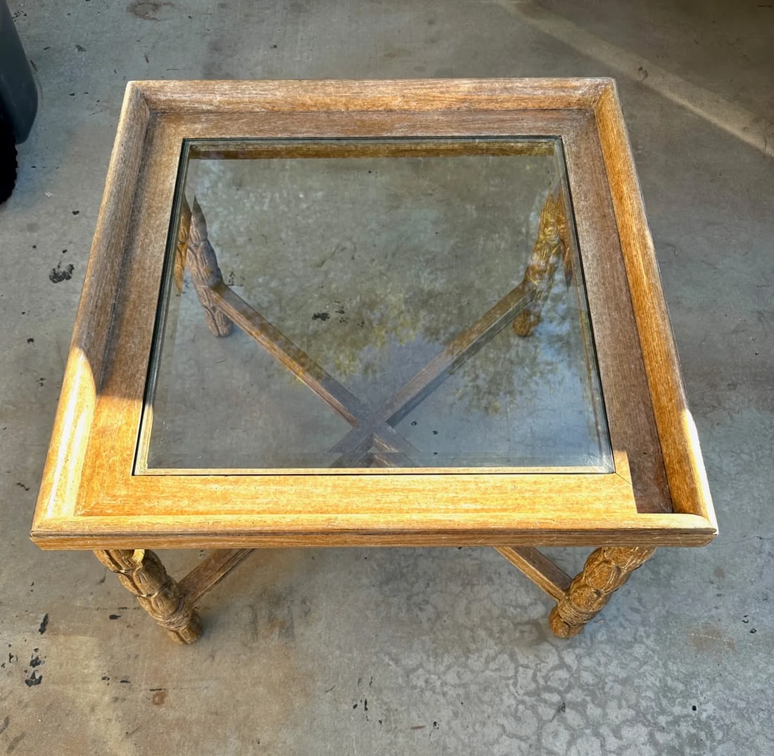 Kreiss Style Carved Wood Flower Petal Leg Side Table W/Glass Top - 8