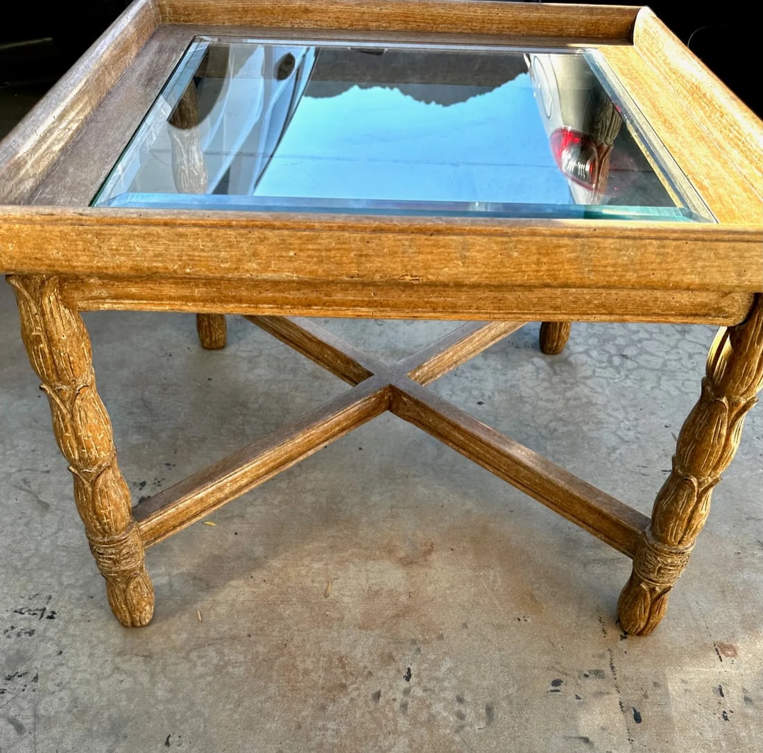 Kreiss Style Carved Wood Flower Petal Leg Side Table W/Glass Top - 9