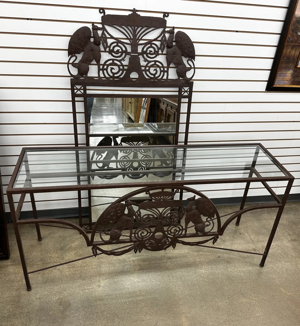 Wrought Iron Glass Top Console Table & Mirror Set-A Pair - 13