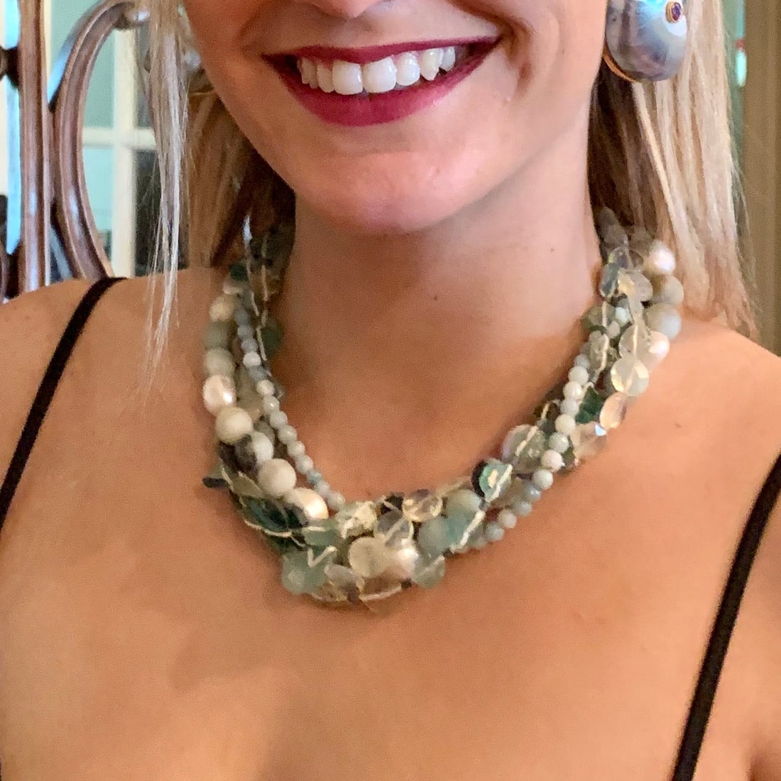 Roman Glass and Amazonite Necklace: Title:Roman Glass and Amazonite Necklace Description:3-strand necklace with ancient Roman Glass, Amazonite, raw Aquamarine, and Rock Crystal. 16". Reserve: $1,560.00 Shipping: Domestic: Shipping rates