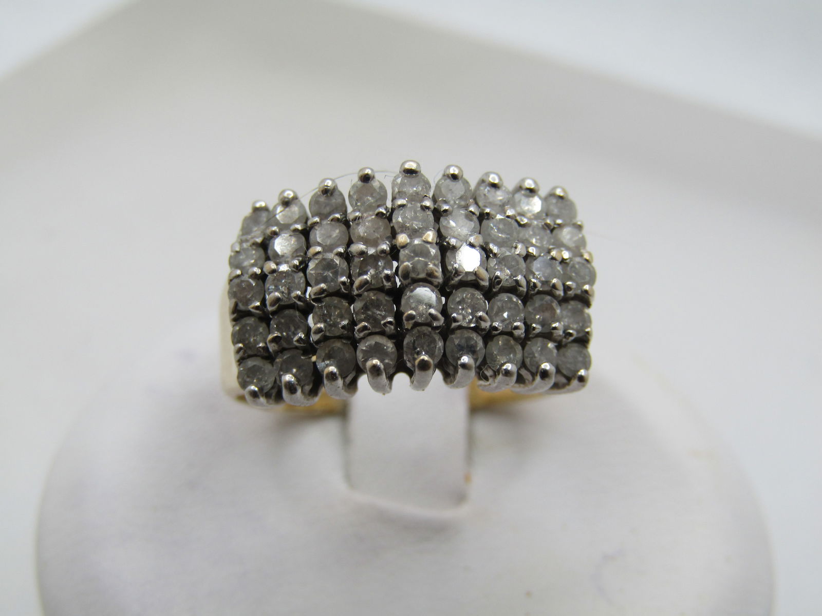 Vintage 14 KT Five Row Diamond Ring, Sz. 5.5, 45 Diamonds, Signed, 1960's-1970's: Title:Vintage 14 KT Five Row Diamond Ring, Sz. 5.5, 45 Diamonds, Signed, 1960's-1970'sDescription:Vintage 14 KT Five Row Diamond Ring, Sz. 5.5, 45 Diamonds, Signed, 1960's-1970's. 1 TCW. The diamonds