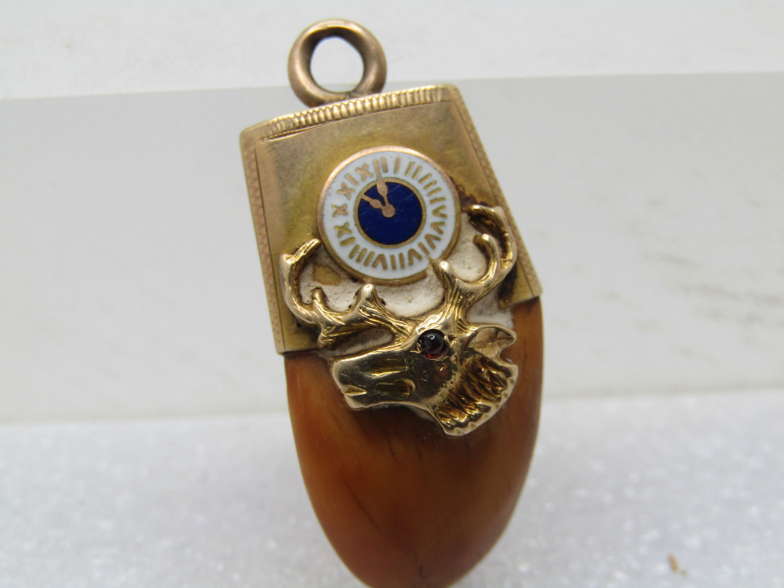 Antique 14kt Elk Head & Tooth, Watch Fob, Pendant, 1880's-1920's: Title:Antique 14kt Elk Head & Tooth, Watch Fob, Pendant, 1880's-1920's Description:Antique 14kt Elk Head & Tooth, Watch Fob, Pendant, 1880's-1920's. Order of the Elk Club. This has a white and blue en