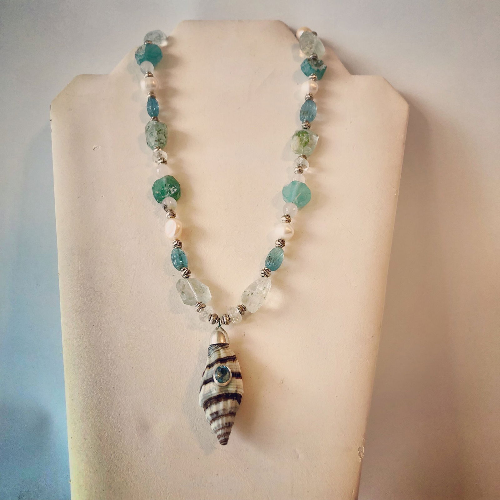 Long Sterling, Pearl, Aquamarine and Roman Glass Necklace: Title:Long Sterling, Pearl, Aquamarine and Roman Glass NecklaceDescription:Beautiful 28" necklace sporting Baroque Pearls, Raw Aquamarine, Ancient Roman Glass, antique Sterling Beads and a gorgeous