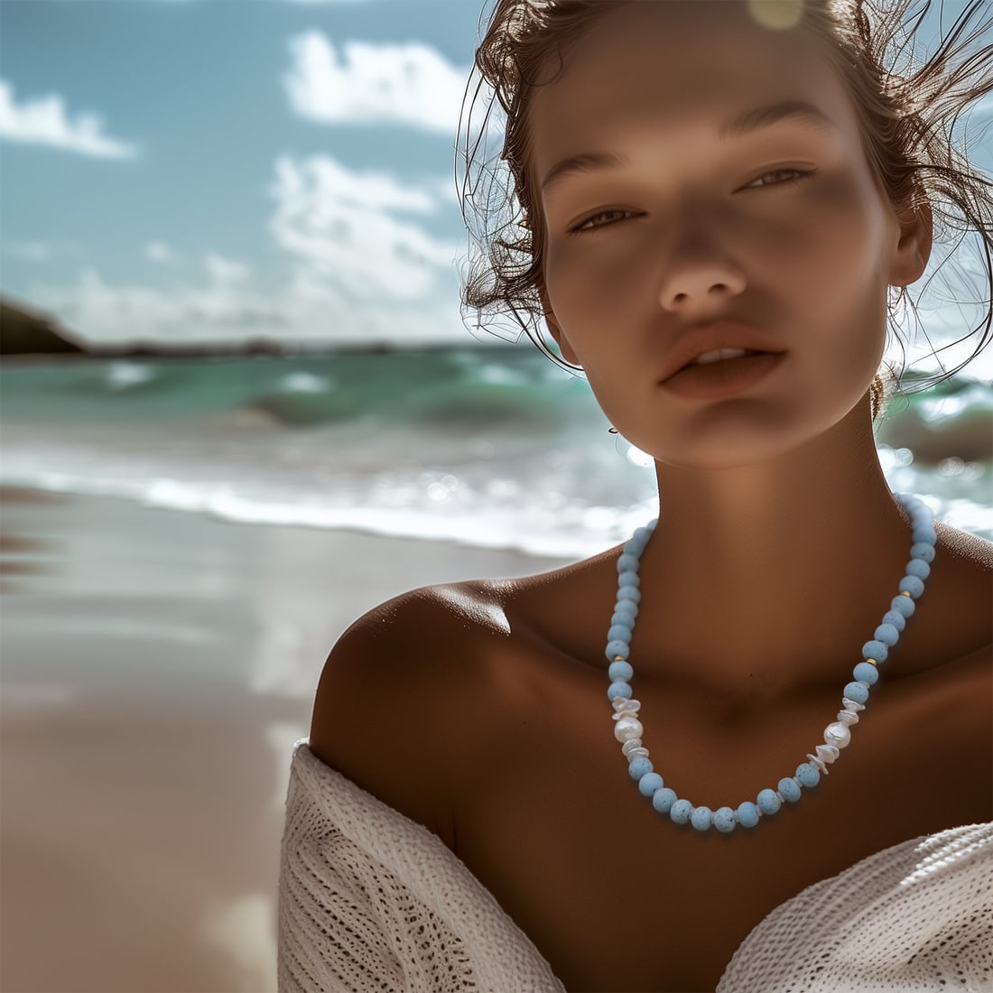 Freshwater Pearl & Blue Ceramic Bead Necklace II - 2