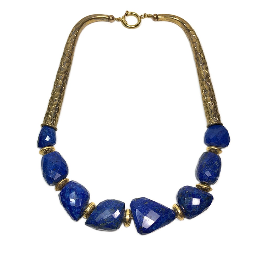 Lapis Lazuli Nugget Necklace: We created this necklace with set of eight faceted lapis lazuli nuggets up to 30 mm with Bali gold filled beads as spacers, Nepal 5.5 inch patterned brass tubes and a 18 mm vintage brass spring ring