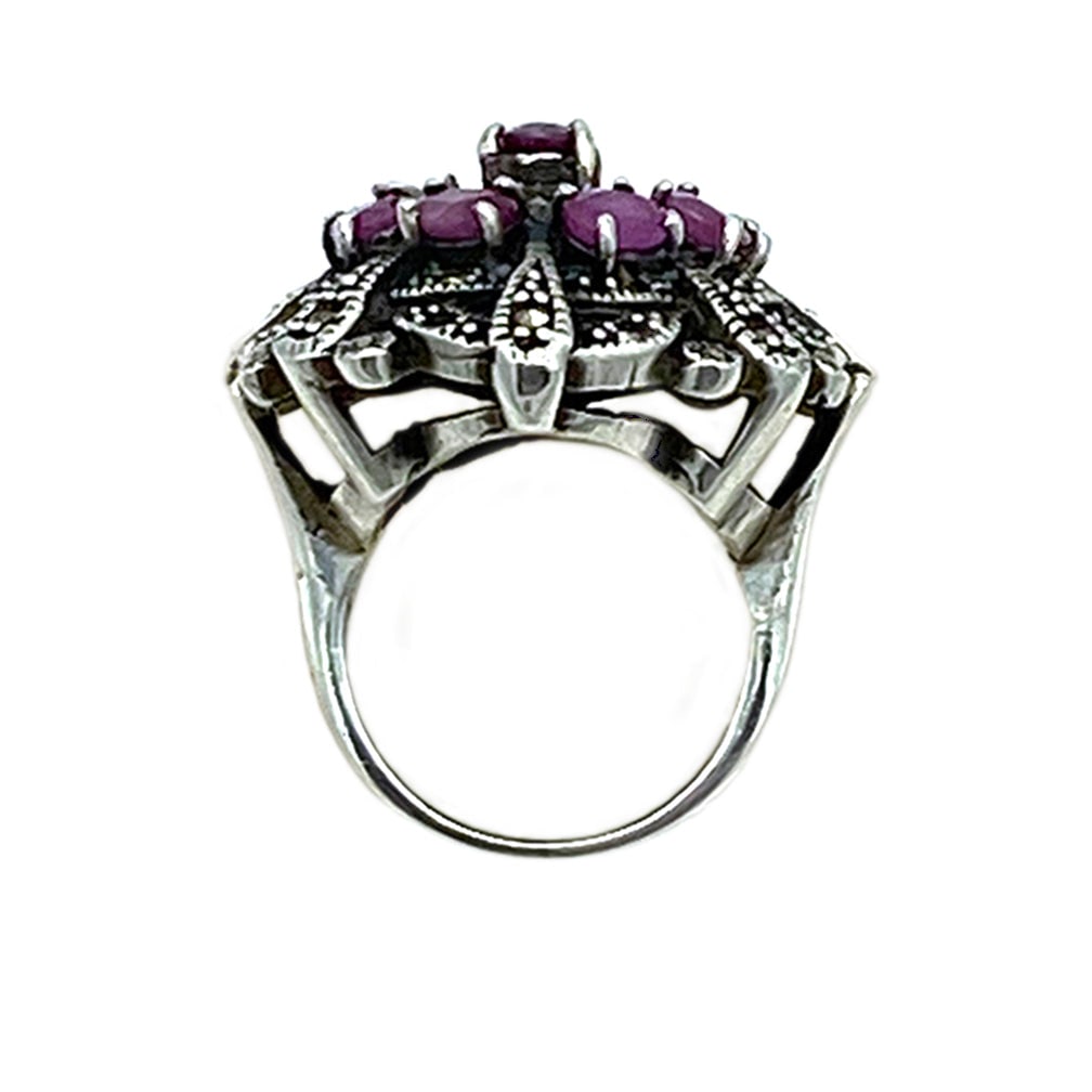 Ruby and Marcasite Sterling Cocktail Ring - 2