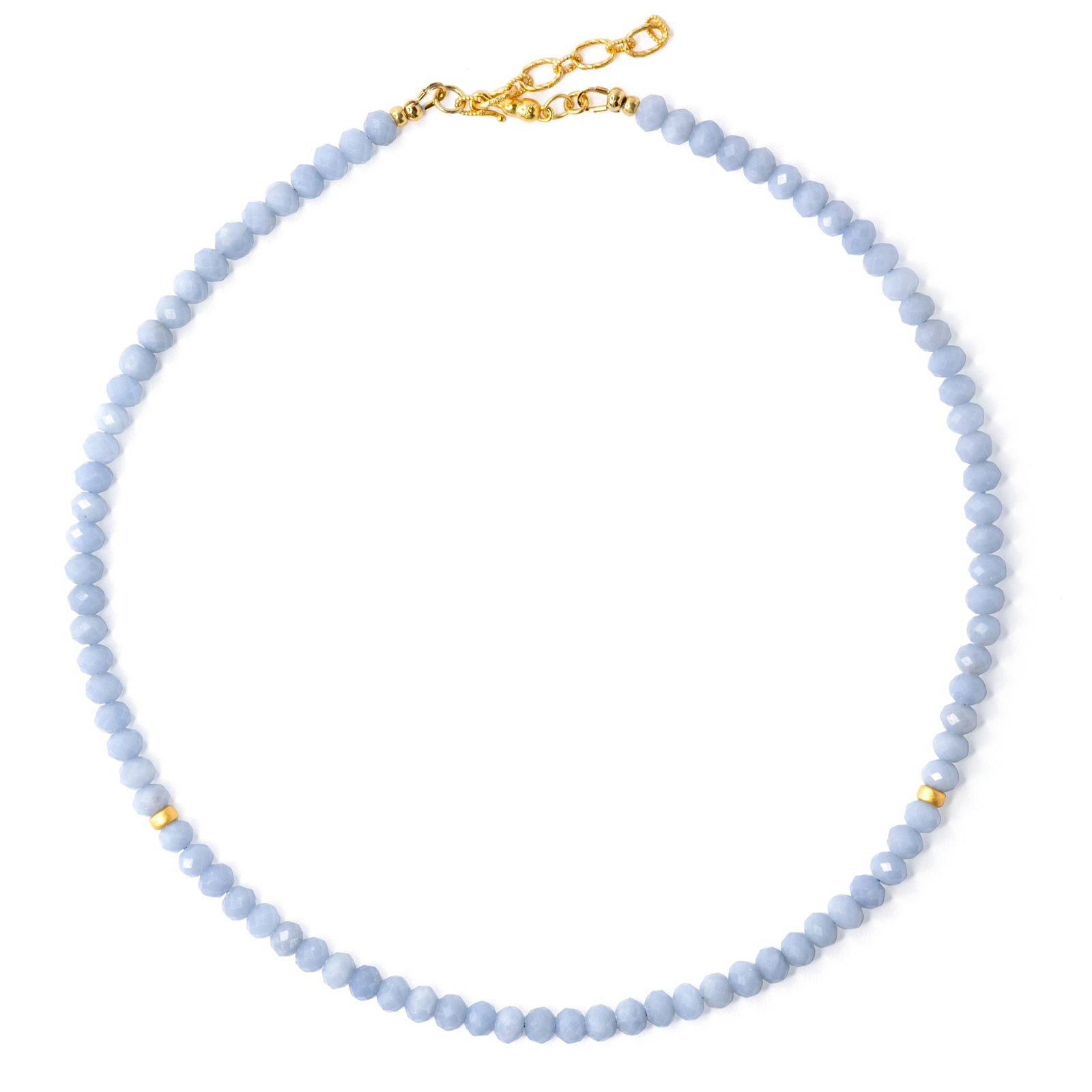 Angelite Gold Beaded Necklace: Title:Angelite Gold Beaded NecklaceDescription:This necklace promises to envelop you in an aura of indulgent elegance and exquisite uniqueness. It serves as the perfect companion for any casual