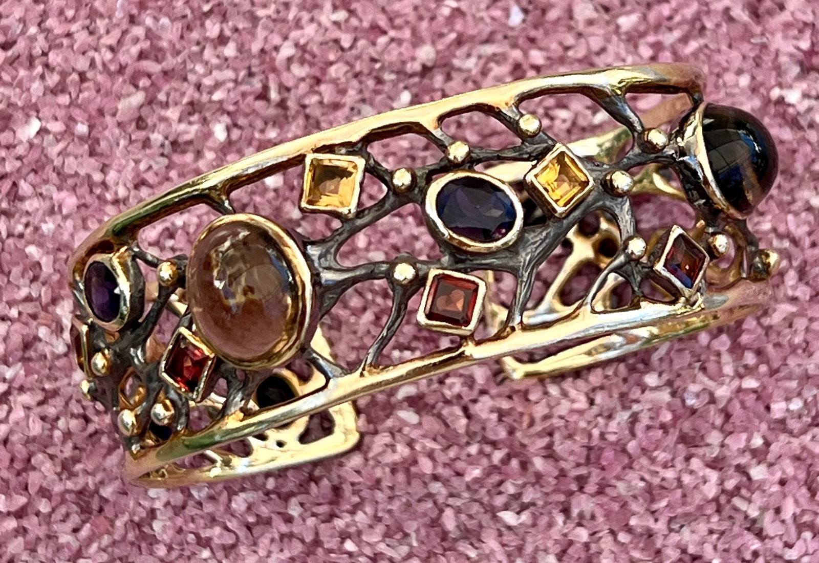 Sea Fan Bracelet with Semi-Precious Stones: Title:"Sea Fan" Bracelet with Semi-Precious StonesDescription:Vermeil and oxydized Sterling "Sea Fan" Bracelet includes Smokeu Quartz Cabochons, Amethysts, Hessonite Garnets and Citrines - A Show