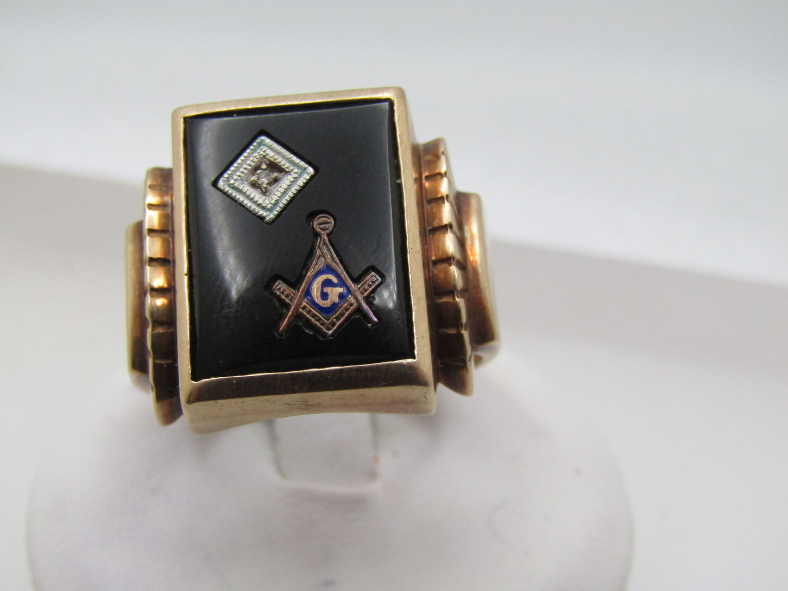 Vintage 10kt Masonic Onyx Diamond Ring, Sz. 10.5, Rectangular, Mid-Century (1 of 9)