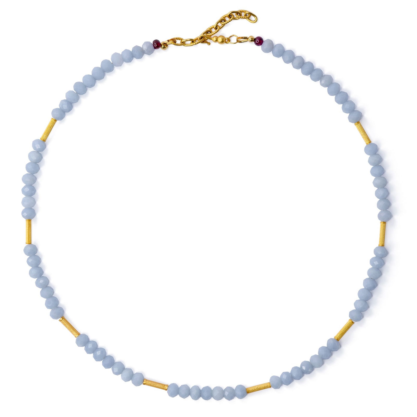 Angelite Lyra Necklace: Title:Angelite Lyra Necklace Description:This delight deliciousness is a testament to eternal sophistication. Feel timeless and elegant with this piece, crafted to enhance your innate beauty and charm