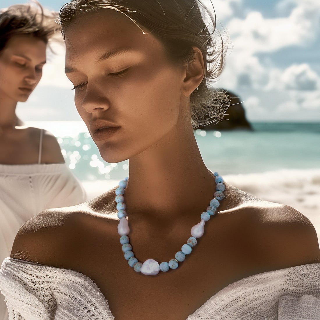 Baroque Pearl & Blue Ceramic Bead Necklace - 2