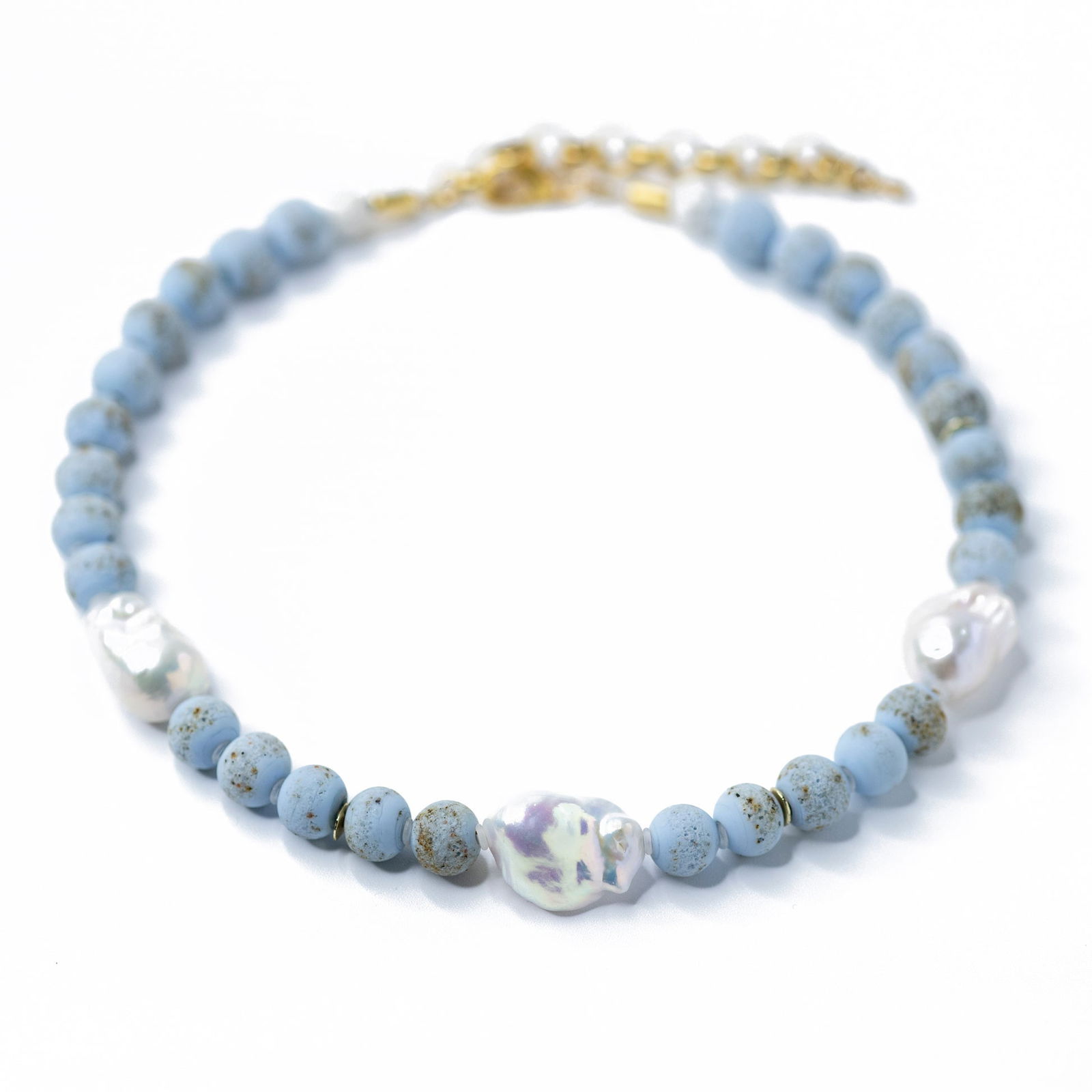Baroque Pearl & Blue Ceramic Bead Necklace - 7
