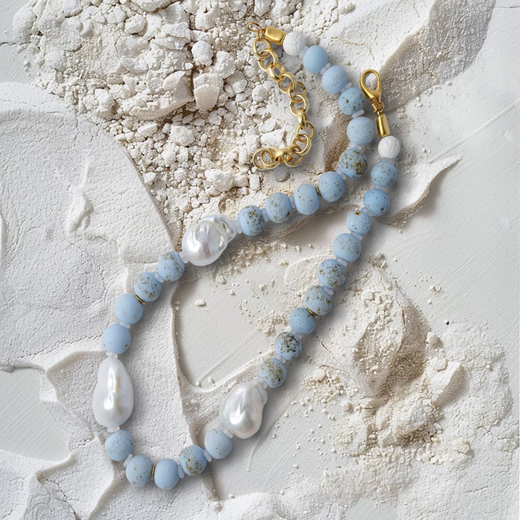 Baroque Pearl & Blue Ceramic Bead Necklace - 8