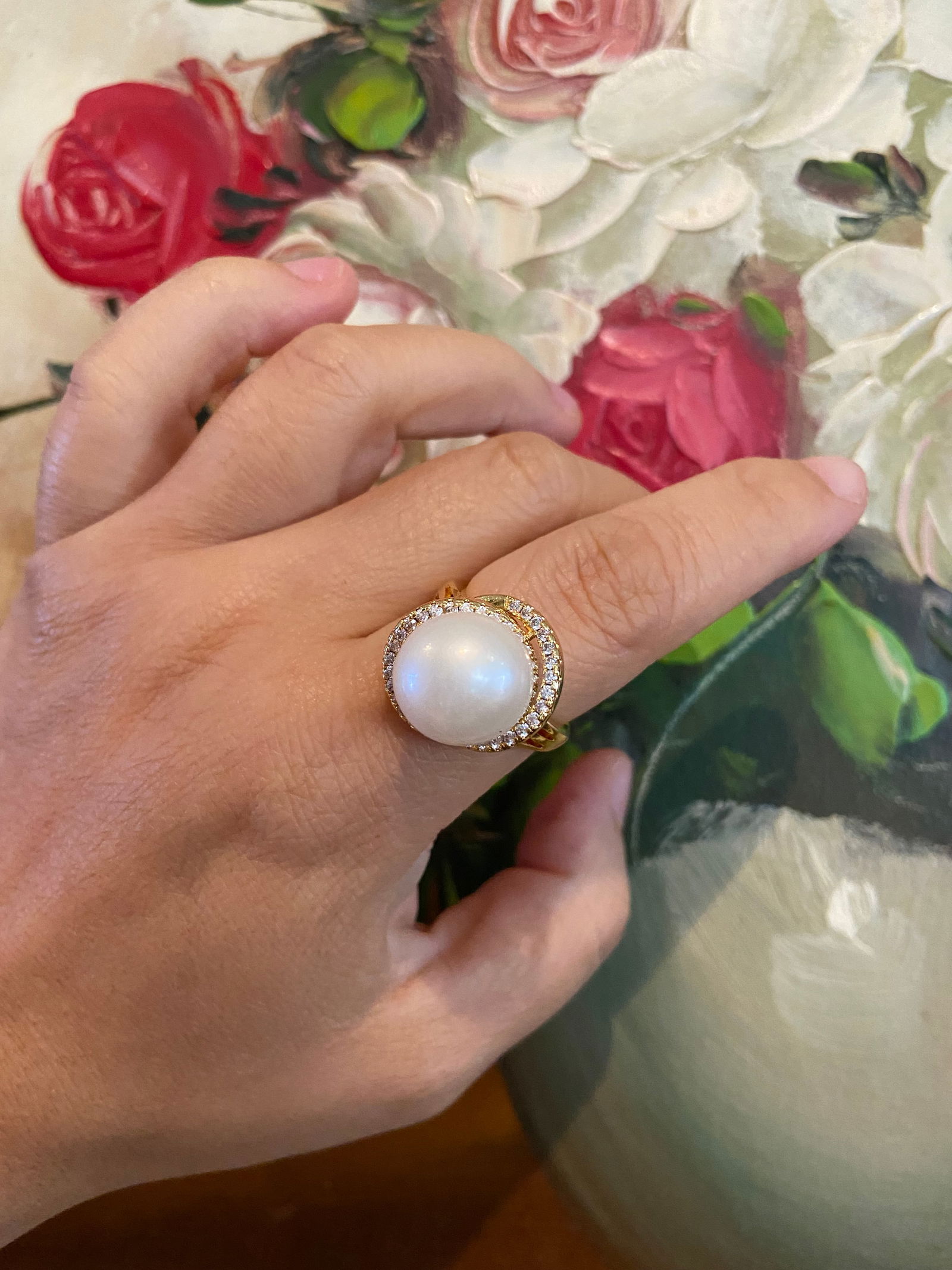 14mm Huge Edison White Freshwater Cultured Pearl 18k Gold Vermeil Ring - 7