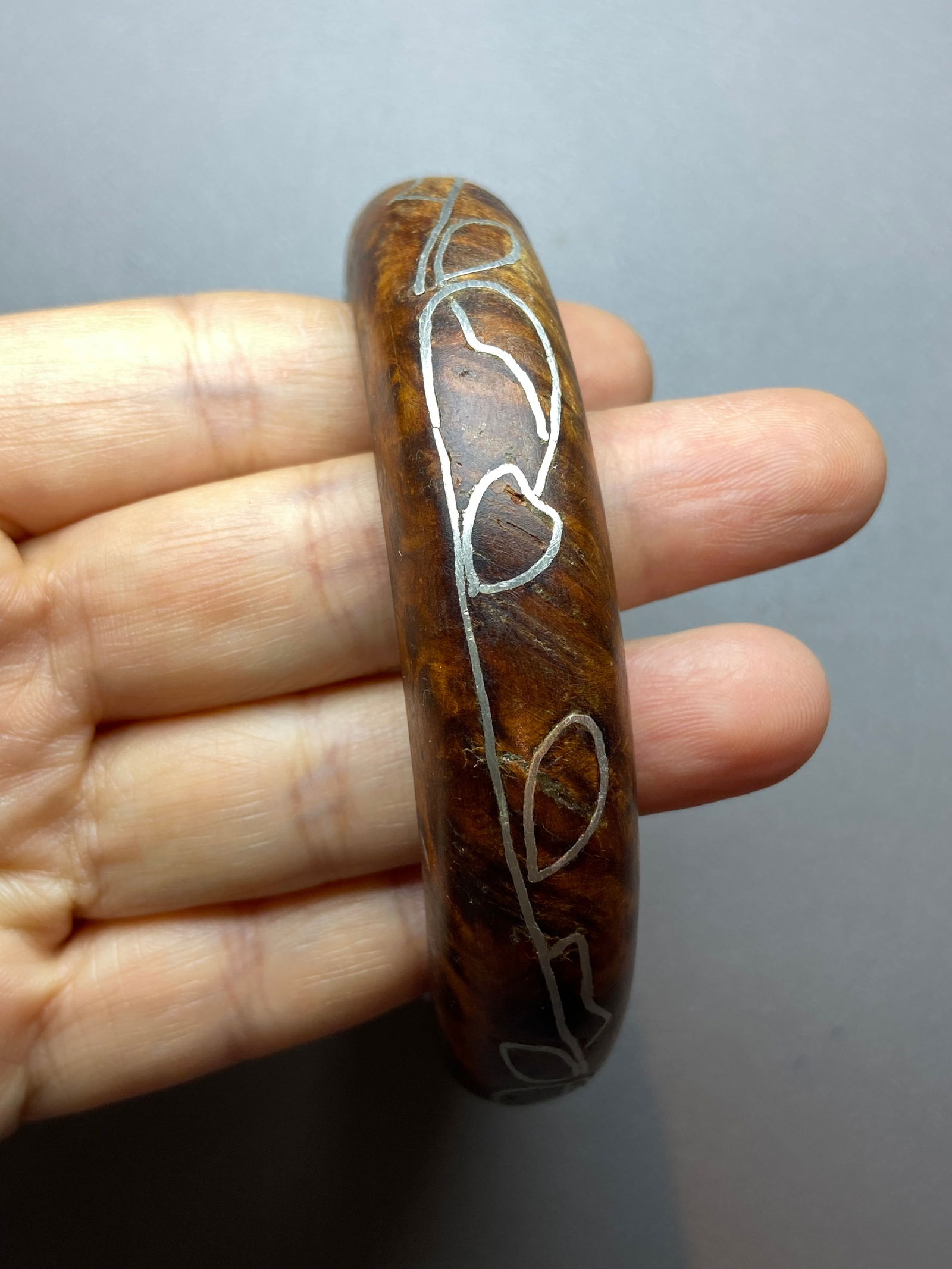 Moroccan high quality Solid Thuya Burl Wood Full Grimace Pattern inlaid silver wire Bangle - 4