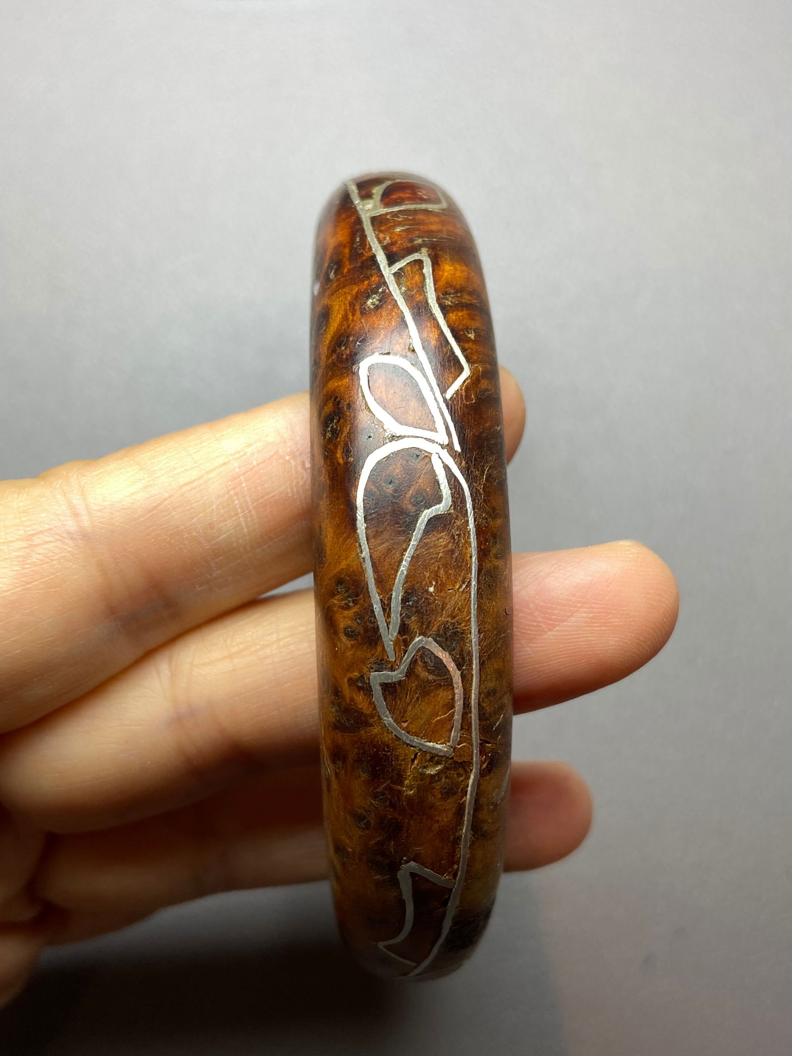 Moroccan high quality Solid Thuya Burl Wood Full Grimace Pattern inlaid silver wire Bangle - 5