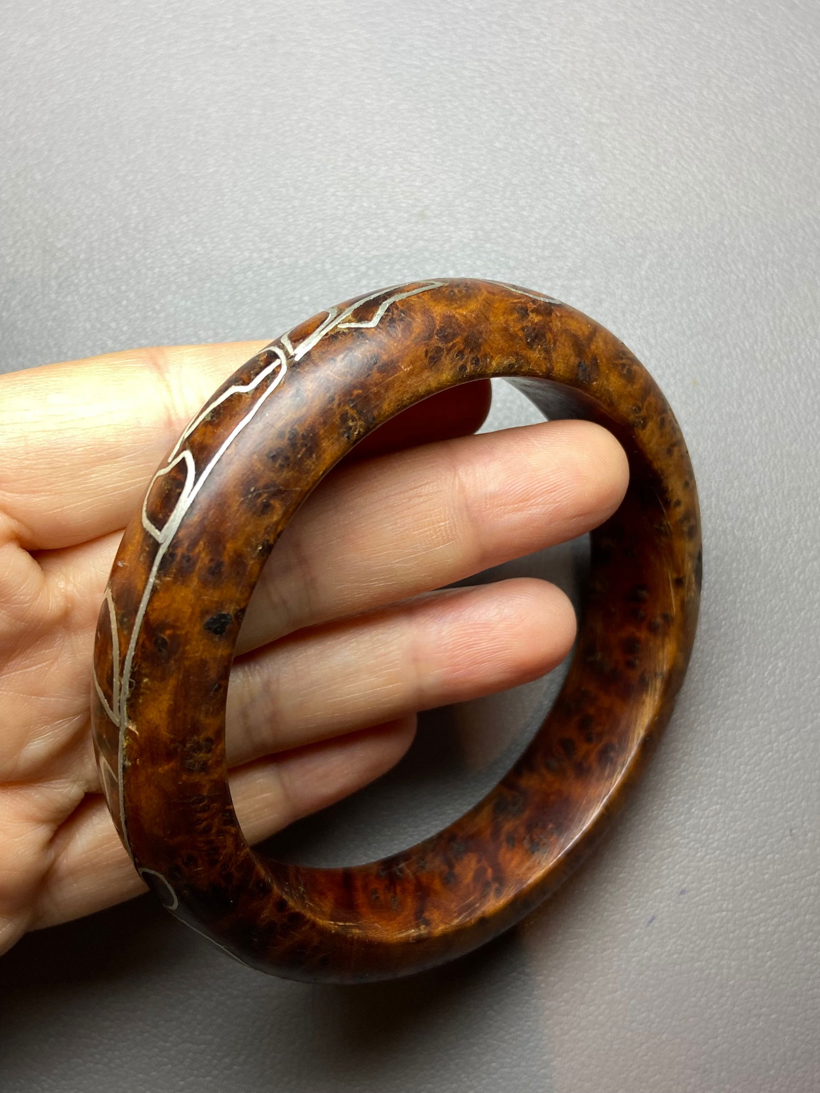 Moroccan high quality Solid Thuya Burl Wood Full Grimace Pattern inlaid silver wire Bangle - 6