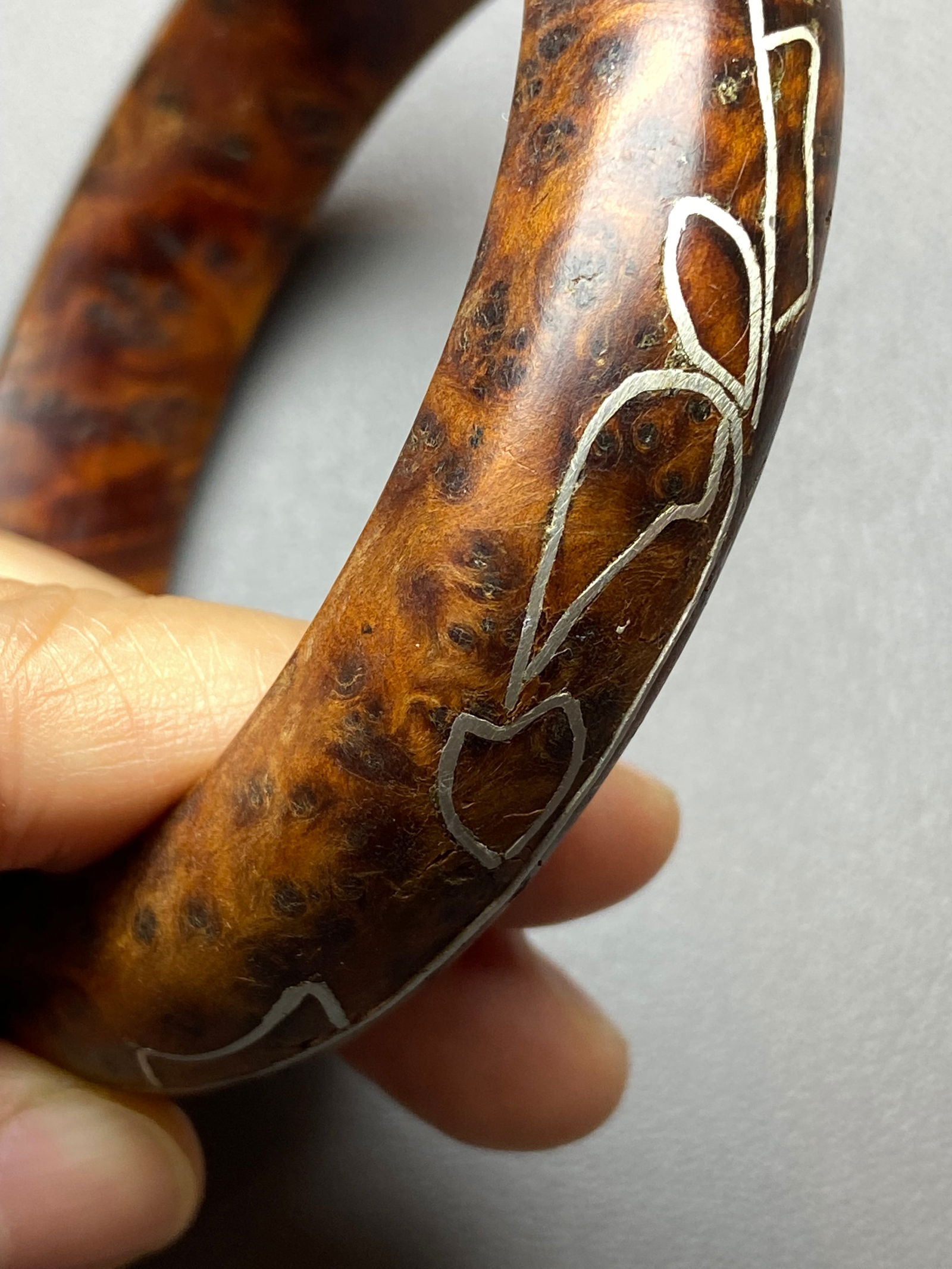 Moroccan high quality Solid Thuya Burl Wood Full Grimace Pattern inlaid silver wire Bangle - 7