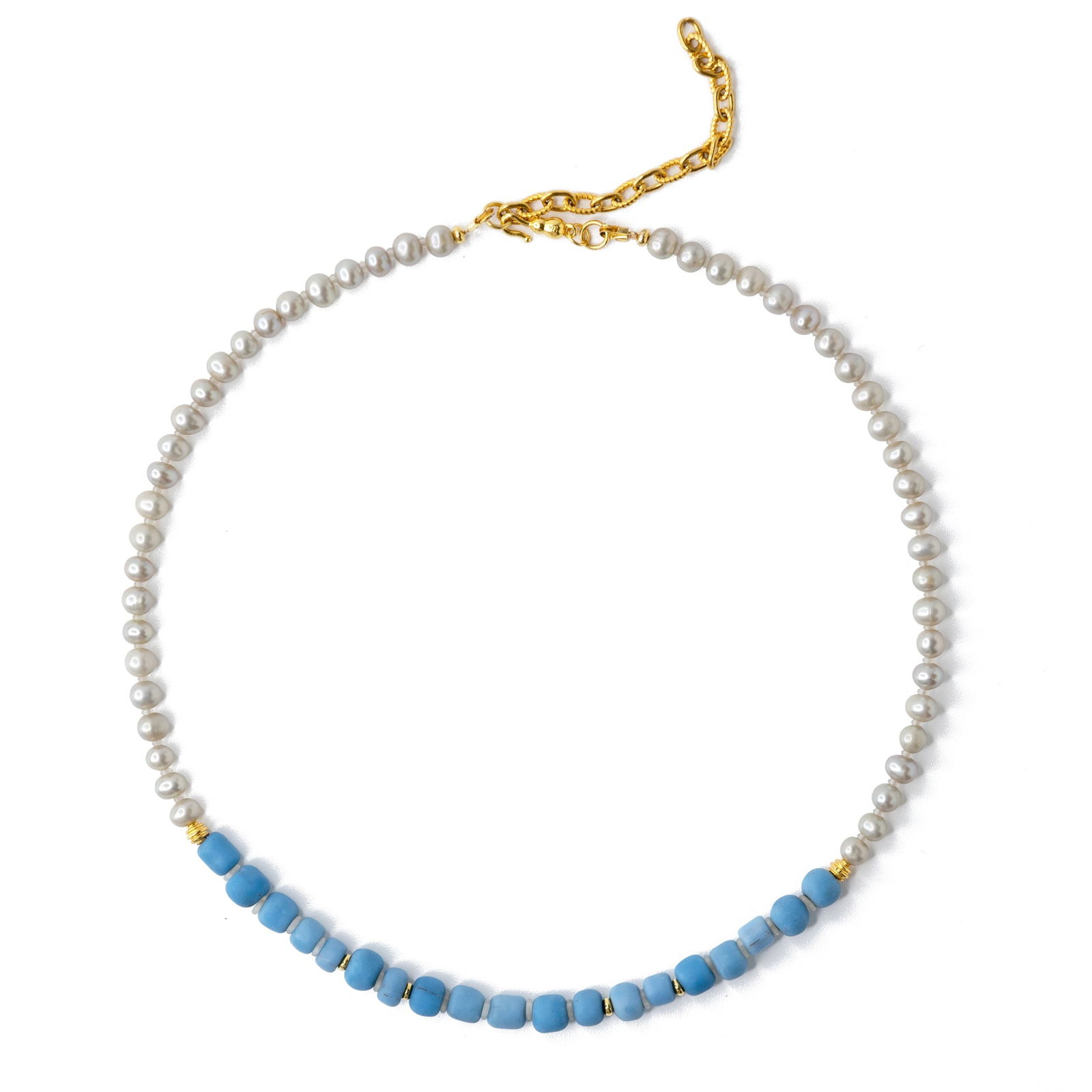 Gray Pearl Denim Beads Necklace: Title:Gray Pearl Denim Beads Necklace Description:Inspired by Childe Hassam's oil painting "Rainy Midnight 1890," this necklace envelops you in a relaxed, original charm. Feel the vitality and youthfu