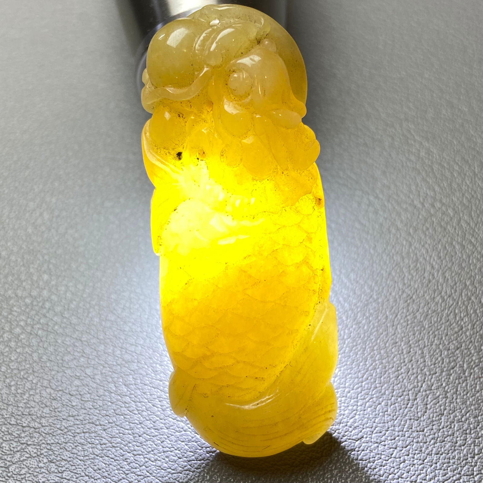 Antique Chinese Grade A Yellow Jadeite Jade statue caved Dragon Fish - 12