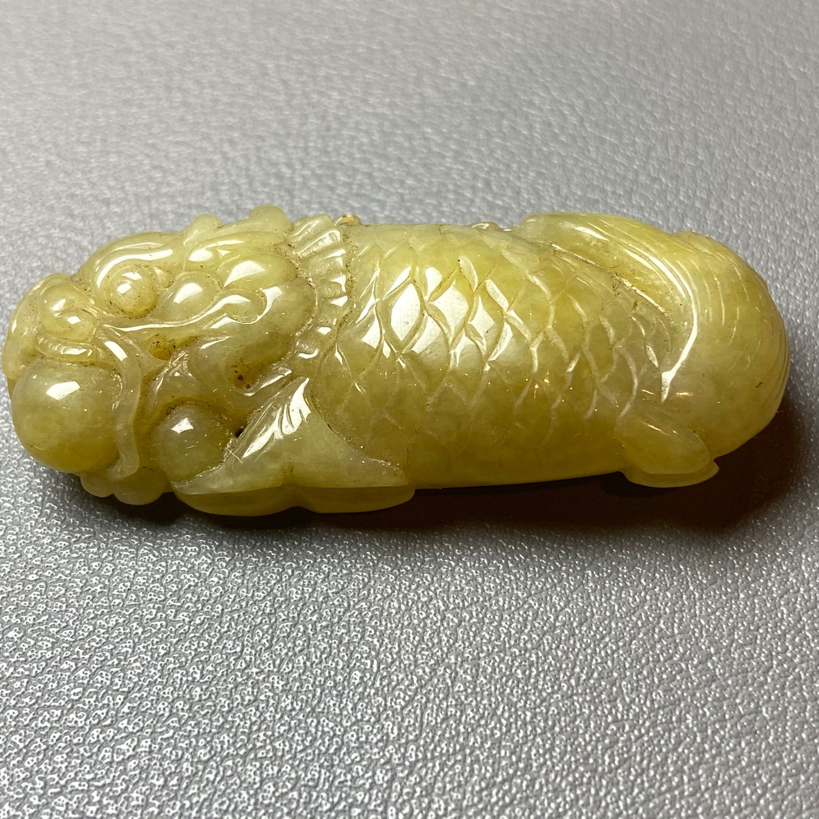 Antique Chinese Grade A Yellow Jadeite Jade statue caved Dragon Fish - 2
