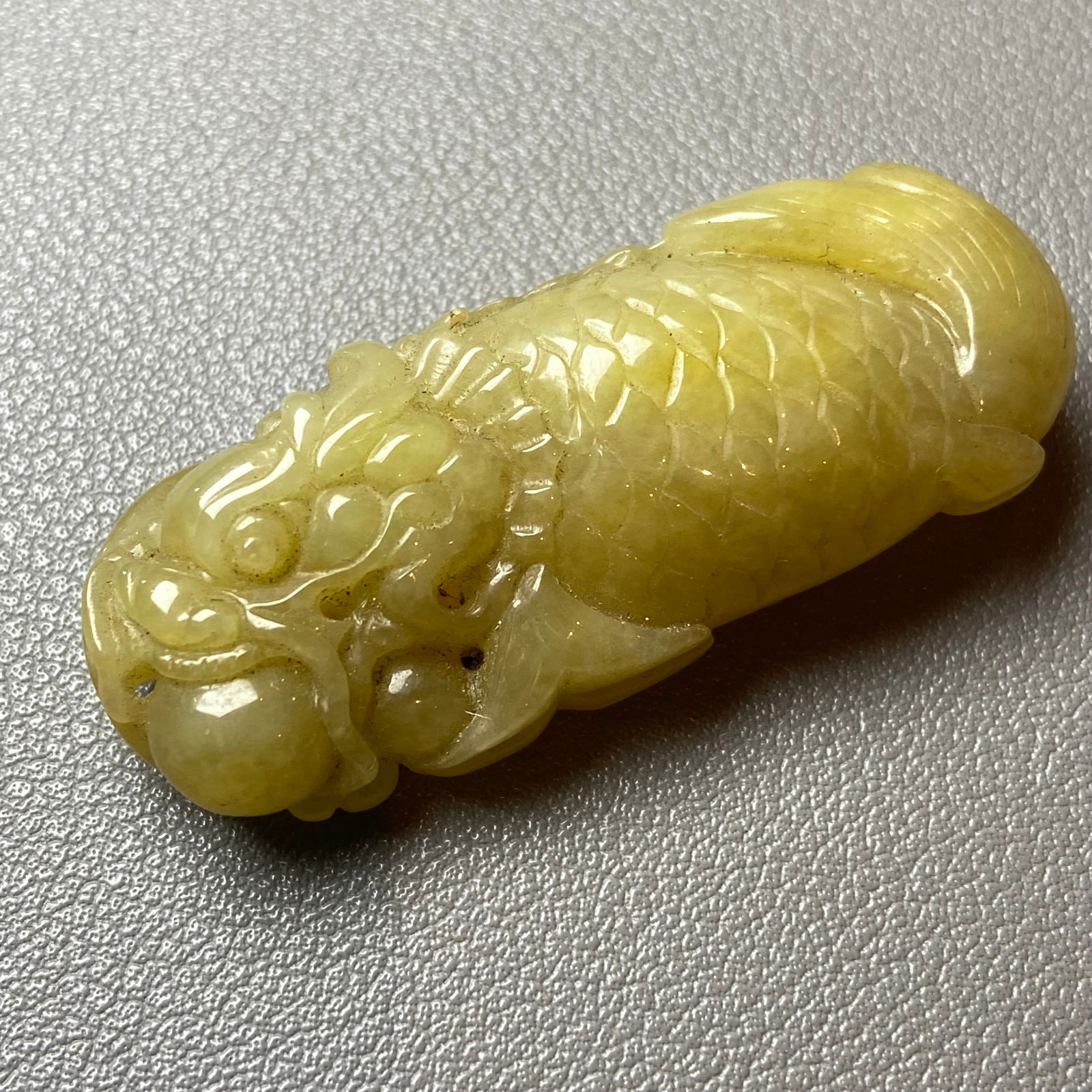 Antique Chinese Grade A Yellow Jadeite Jade statue caved Dragon Fish - 3