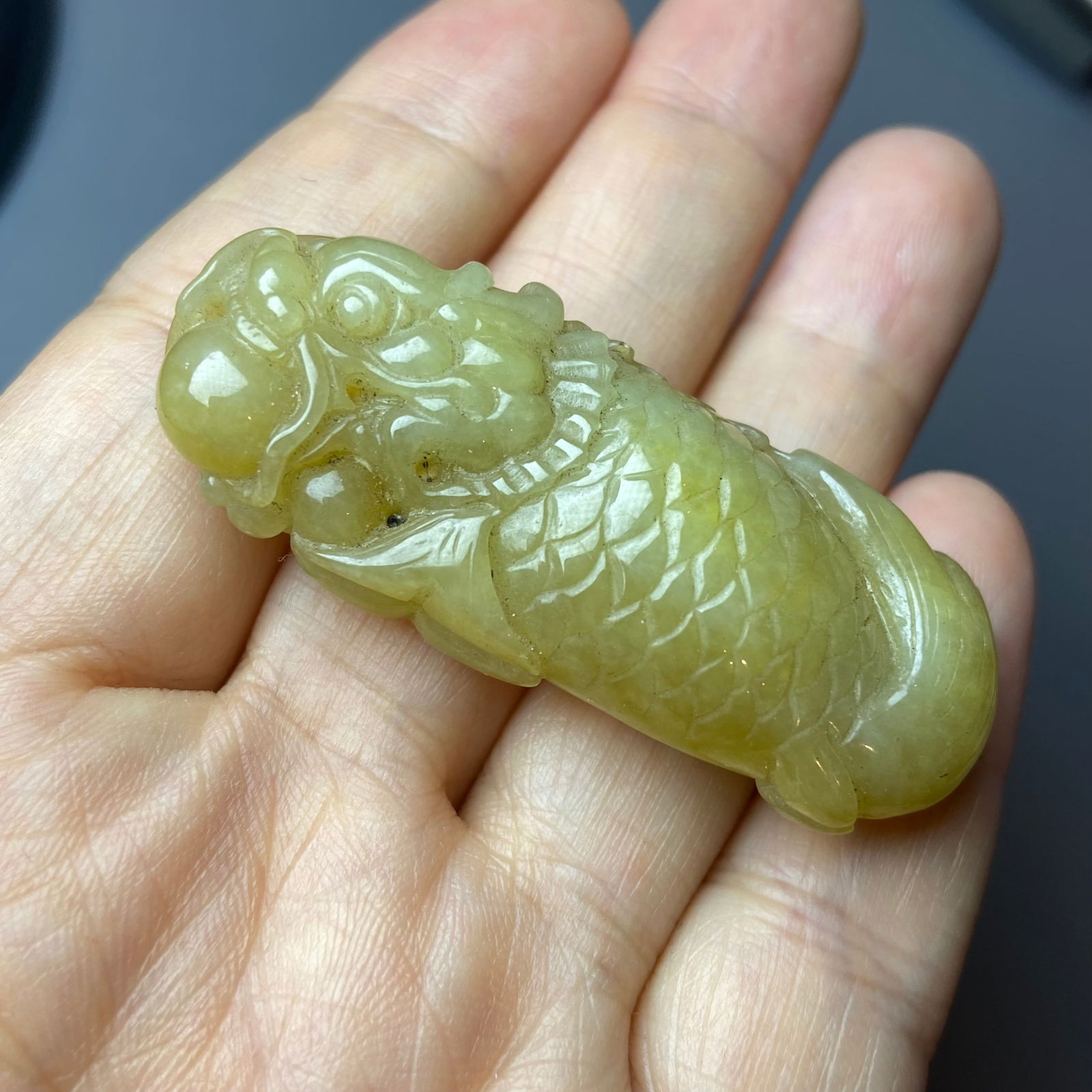 Antique Chinese Grade A Yellow Jadeite Jade statue caved Dragon Fish - 7